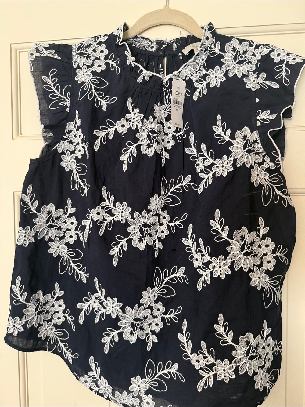 LOFT Navy Blouse with White Floral Embroidery and Ruffled Sleeves